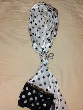 Black and White Polka Dot Satin Scarf with Decorative Brooch